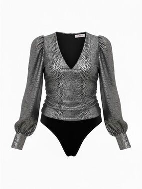 NEW BuddyLove Jenny Metallic Bodysuit – Silver & Black Print Size Small